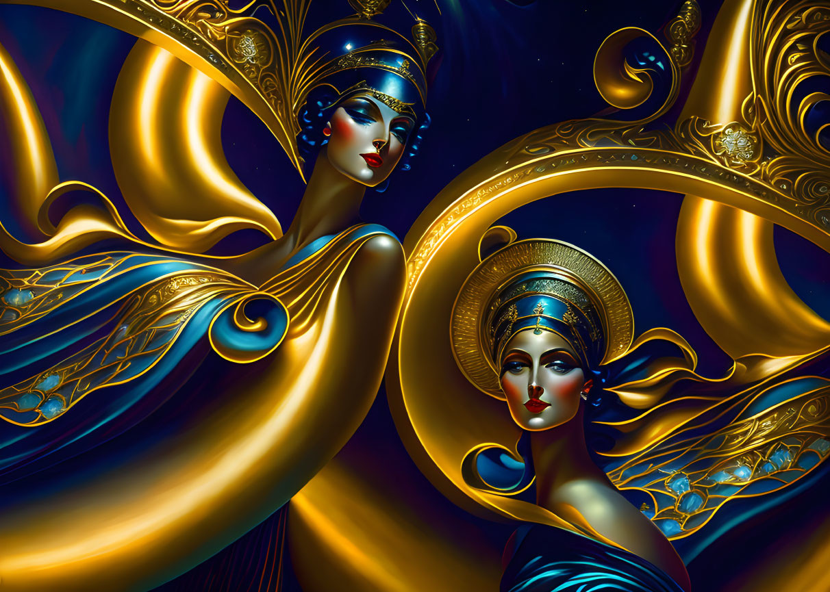 Stylized women with elegant headdresses in swirling blue and gold backdrop