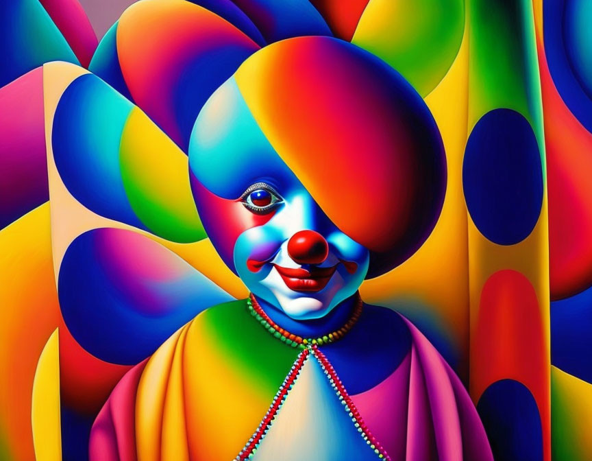 Colorful Abstract Clown with Exaggerated Features and Swirling Background
