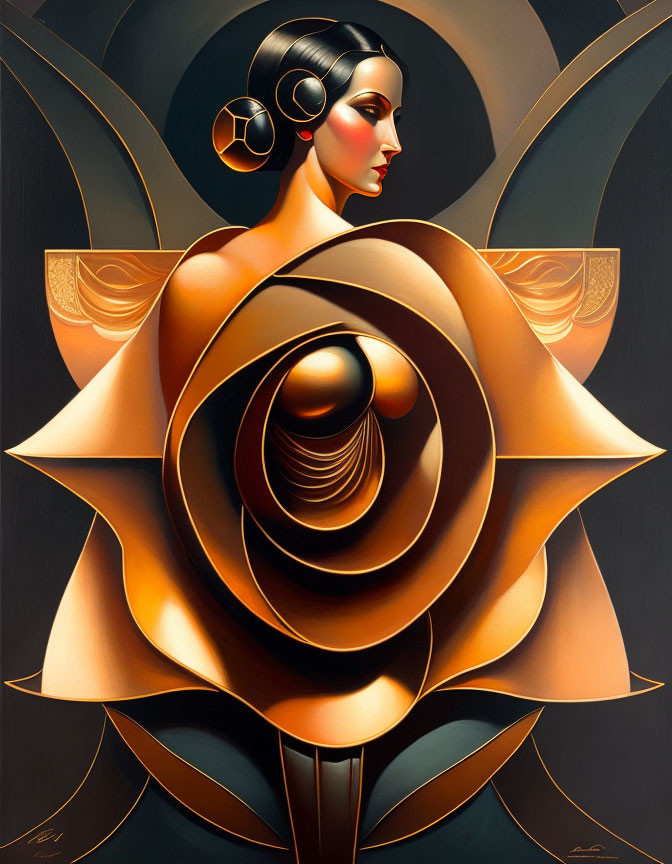 Monochromatic Art Deco Woman Illustration with Geometric Shapes