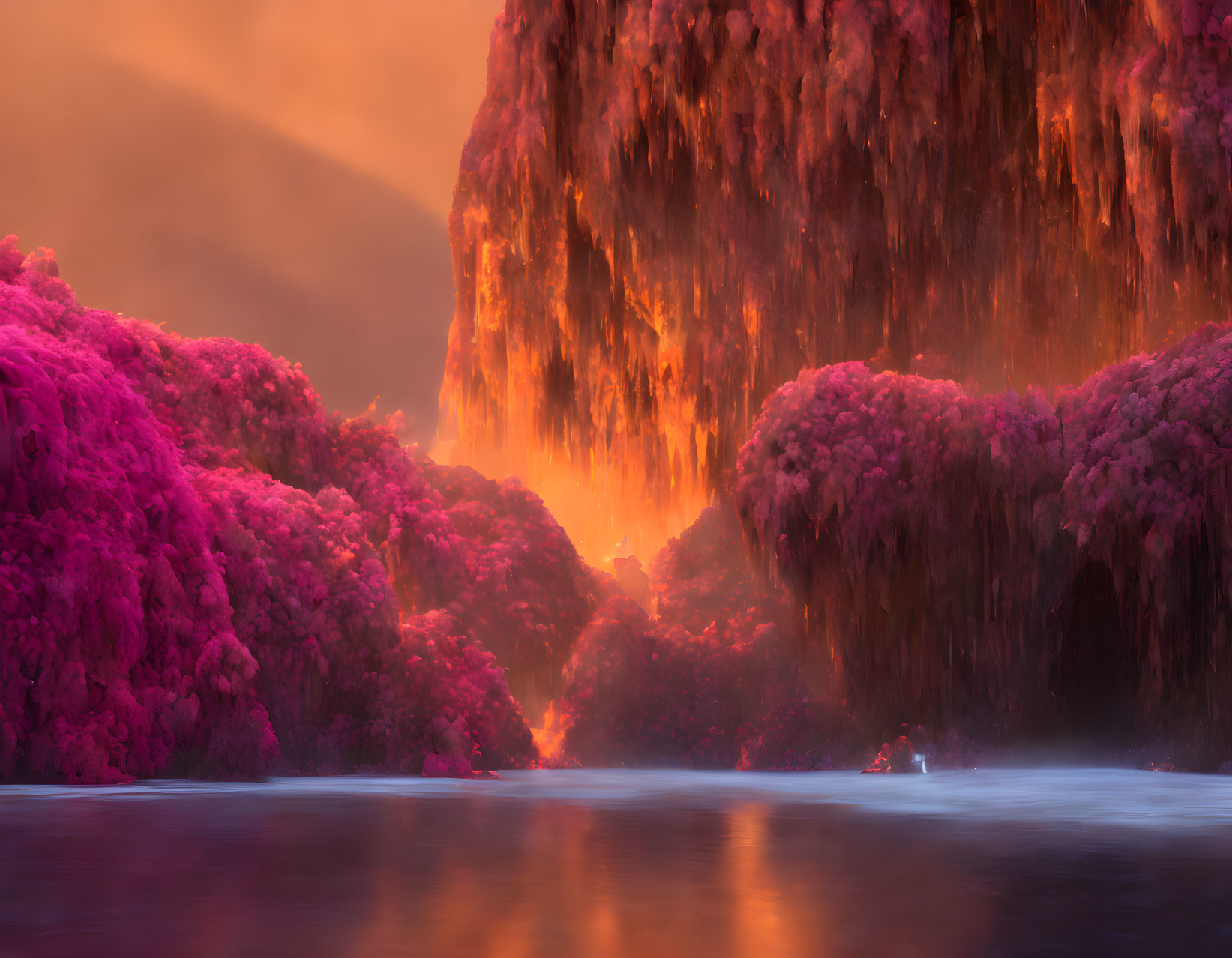 Vibrant pink forest with river under fiery orange sky