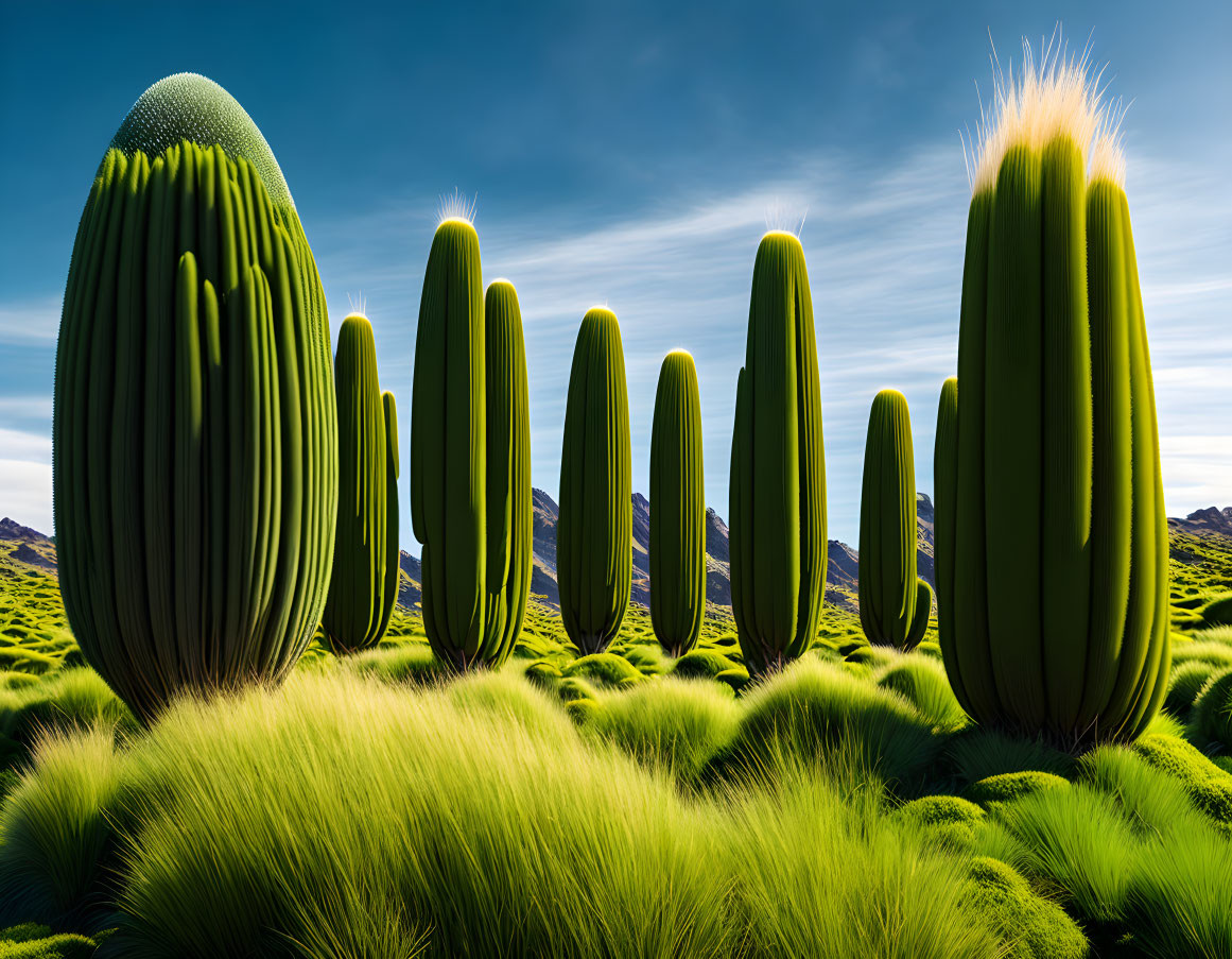 Stylized oversized cacti on grassy landscape with mountains and blue sky