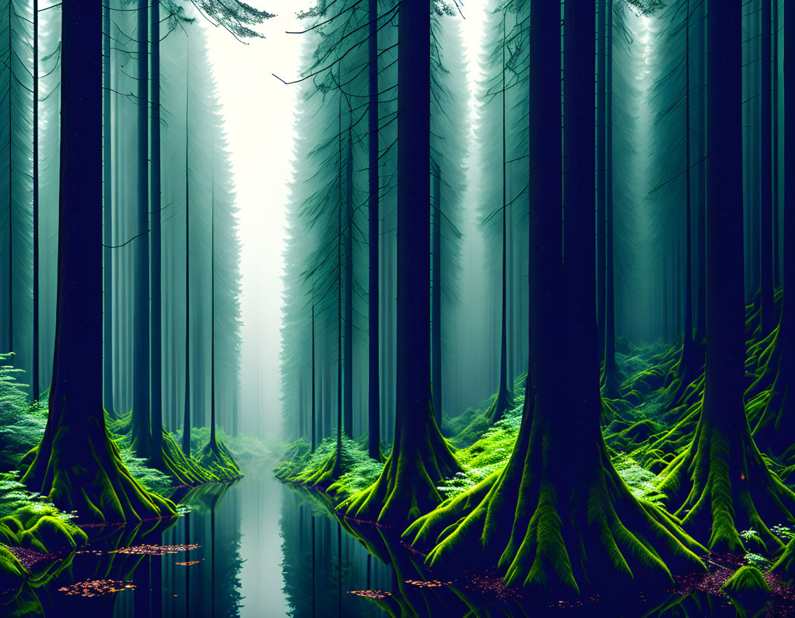 Serene misty forest scene with tall trees, green moss, and reflective water.