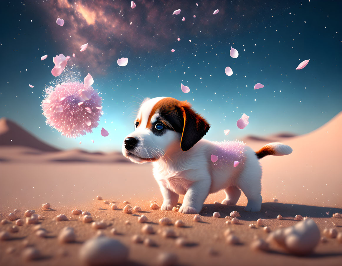 White and brown puppy gazes at glowing dandelion-like object in serene dusk setting
