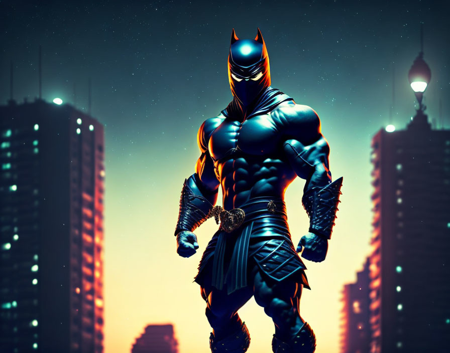 Muscular superhero in bat-like suit against glowing skyline at dusk
