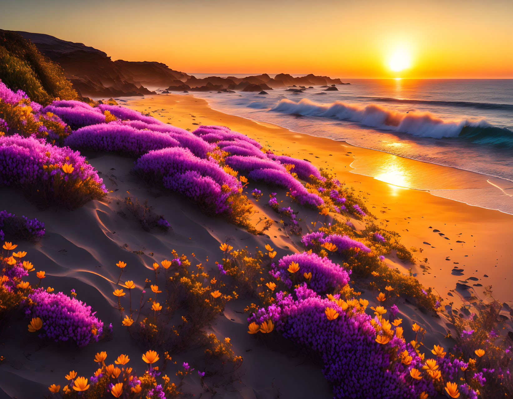 Breathtaking sunrise paints coastal flowers