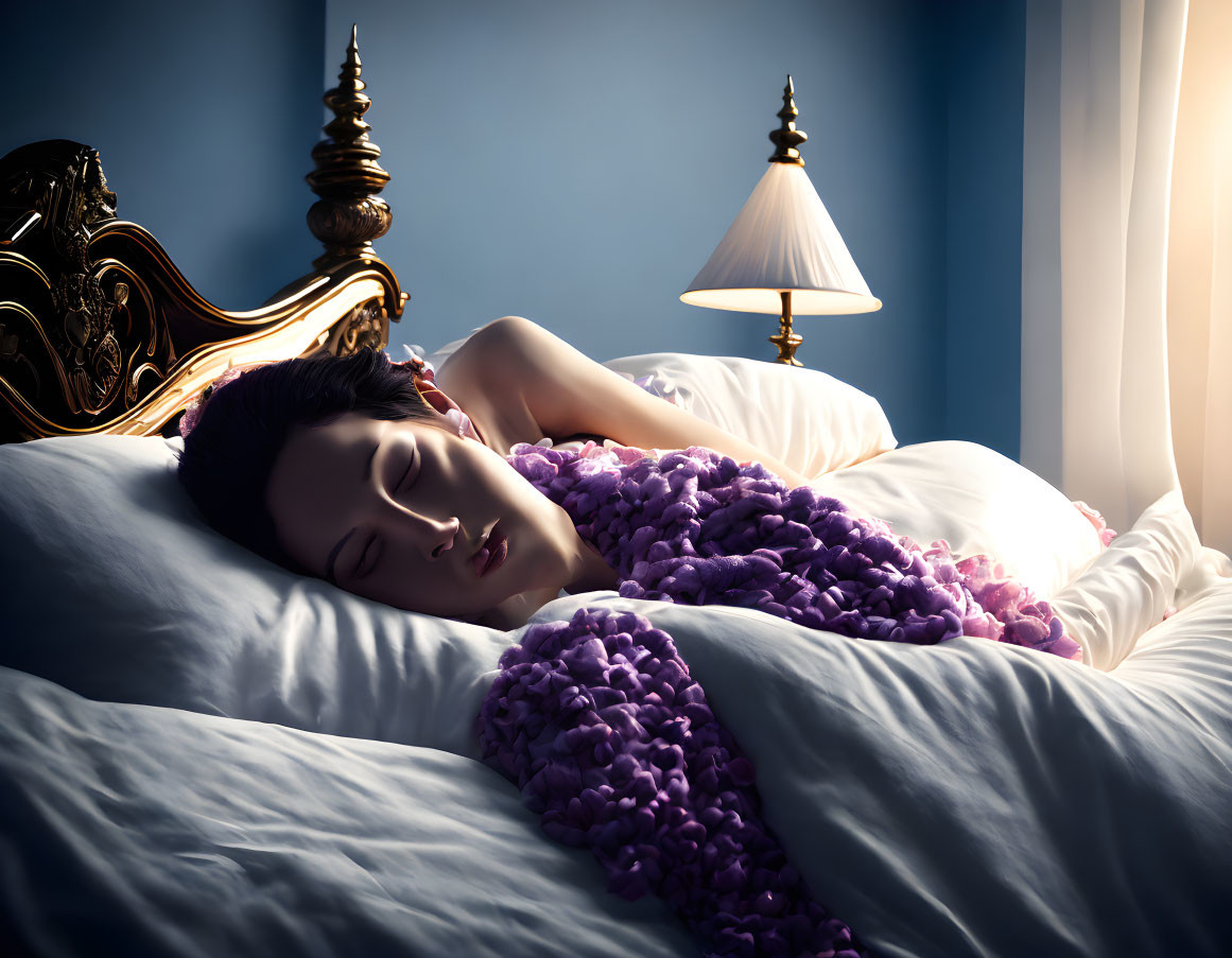 Luxurious Bed Scene with Purple Blanket and Soft Light