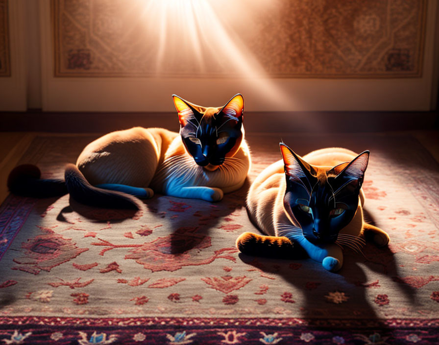 Detailed Faces of Two Cats Sunbathing on Patterned Carpet