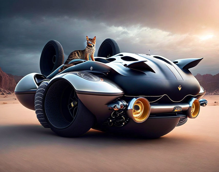 Cat on futuristic black car in desert landscape with golden accents