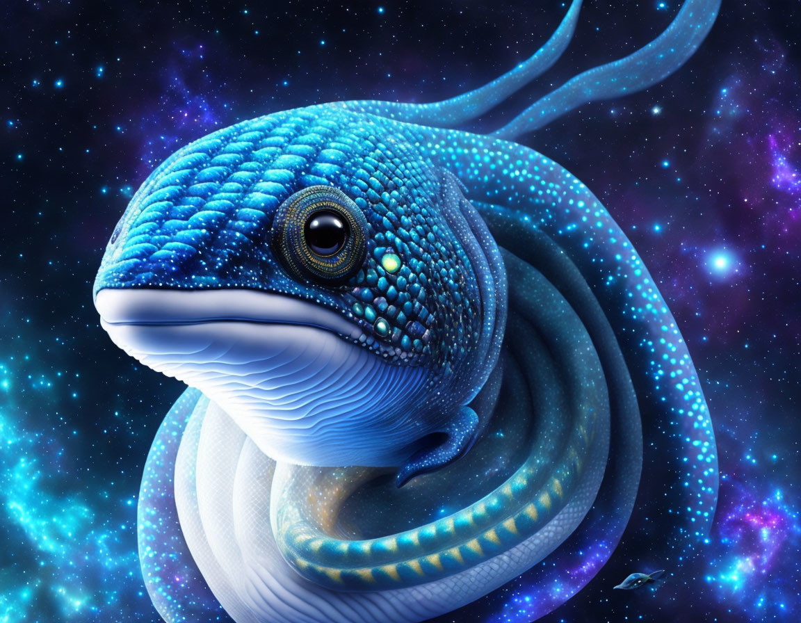 Detailed Blue and White Cosmic Serpent in Starry Space