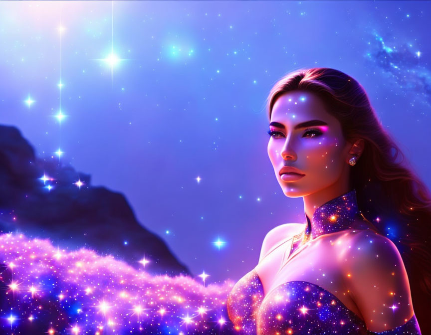 Digital artwork: Woman merging into starry night sky in vivid blues and purples