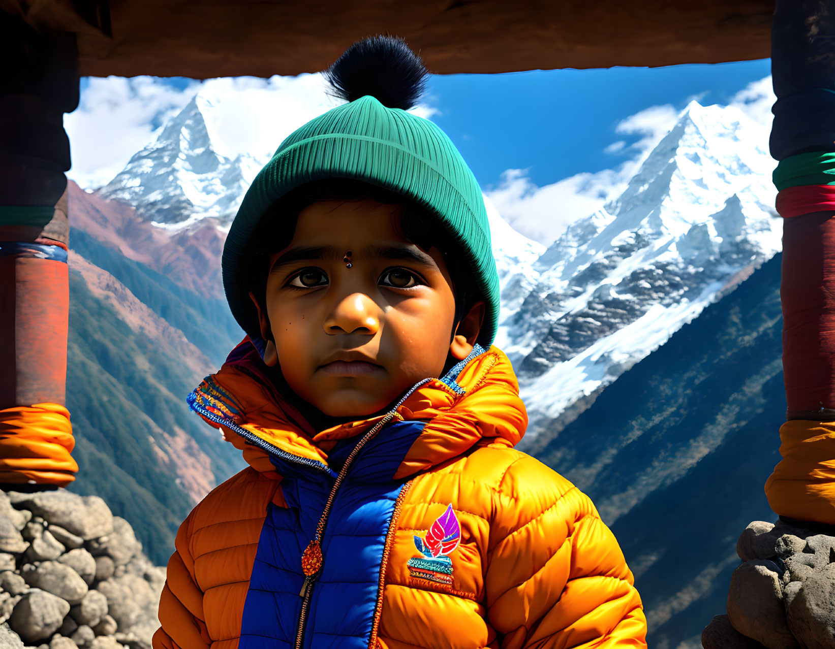 Child in Orange Jacket and Green Beanie with Snowy Mountain Background