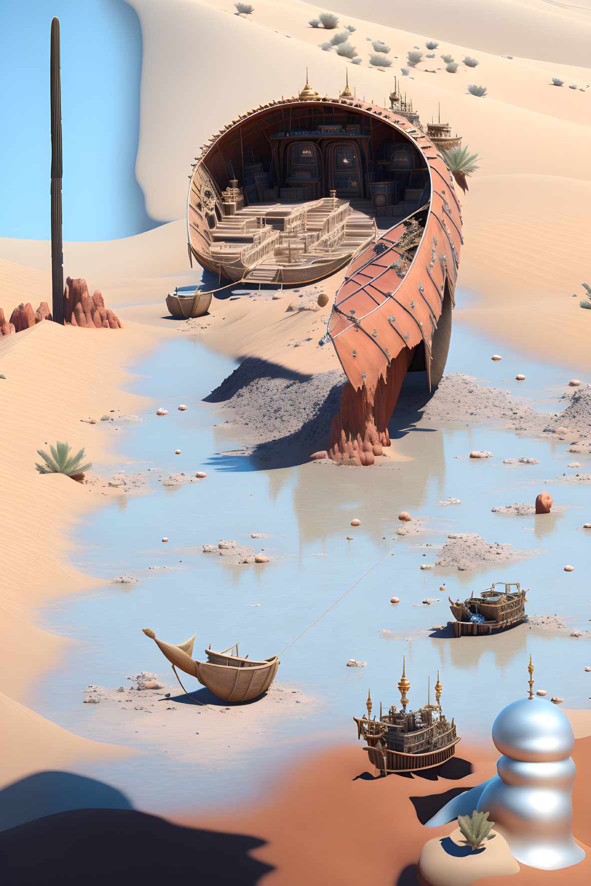 Surreal desert landscape with shipwreck, boats, quirky structures, and water pools