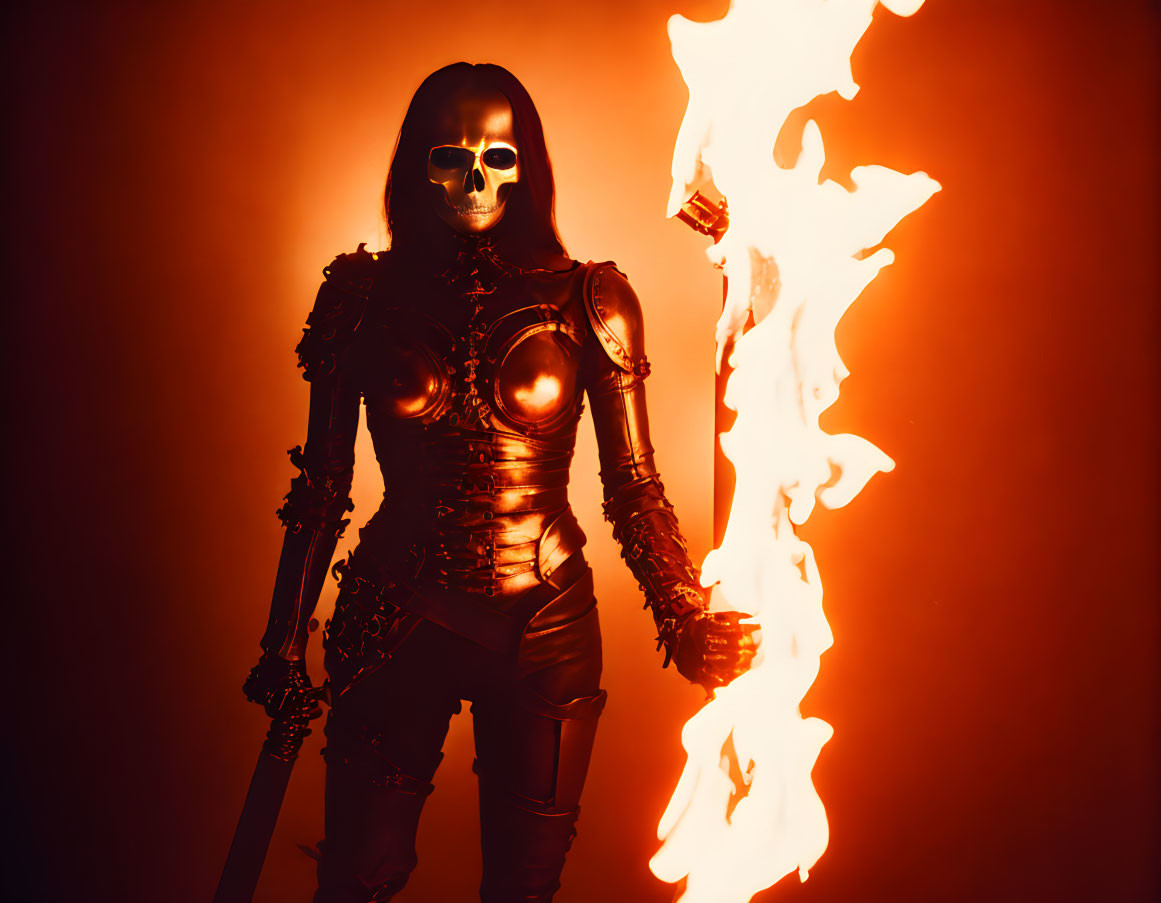 Person in dark skull mask costume holding flaming torch in fiery-orange backdrop