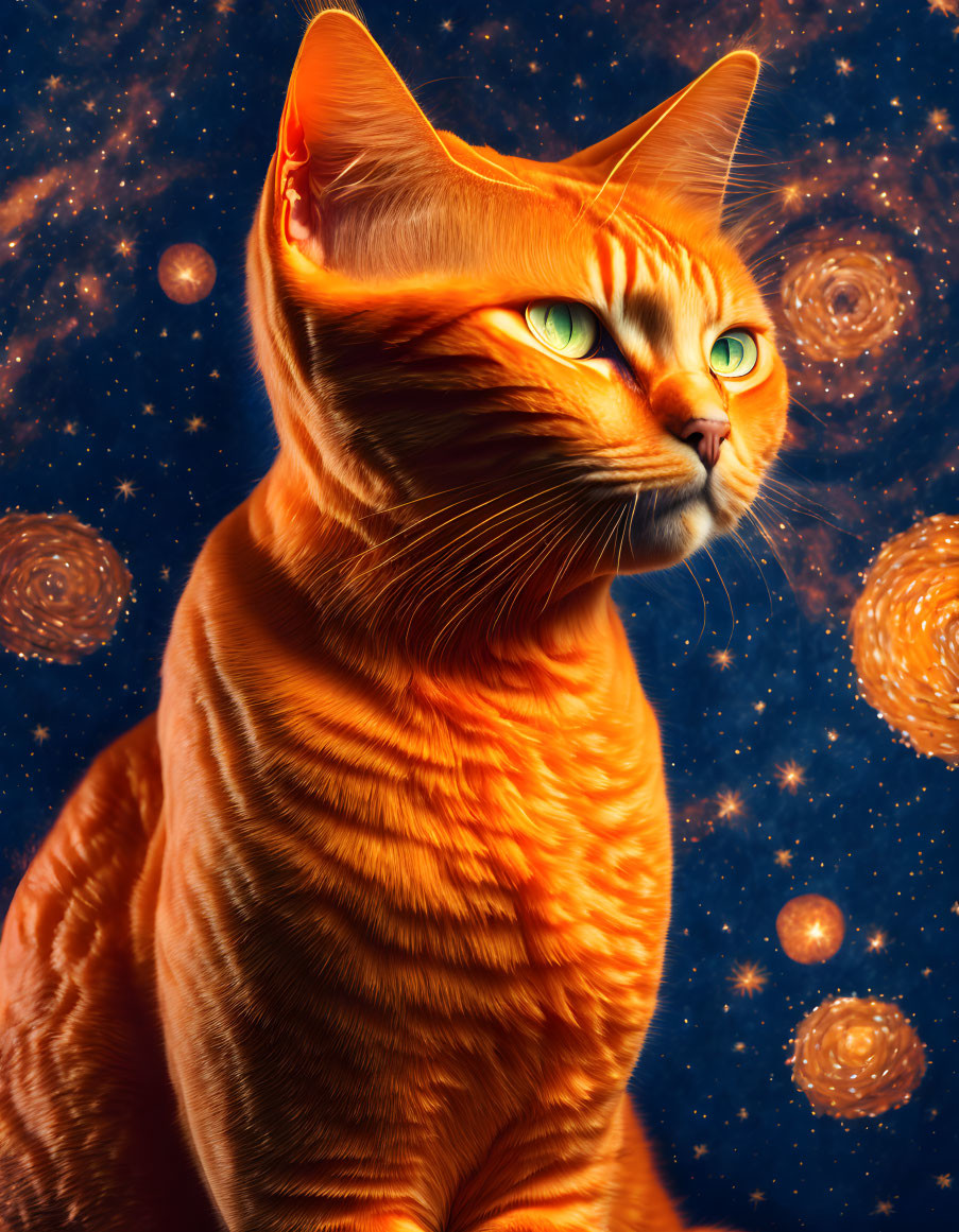 Orange Cat with Green Eyes in Cosmic Setting: Stars and Galaxies Background