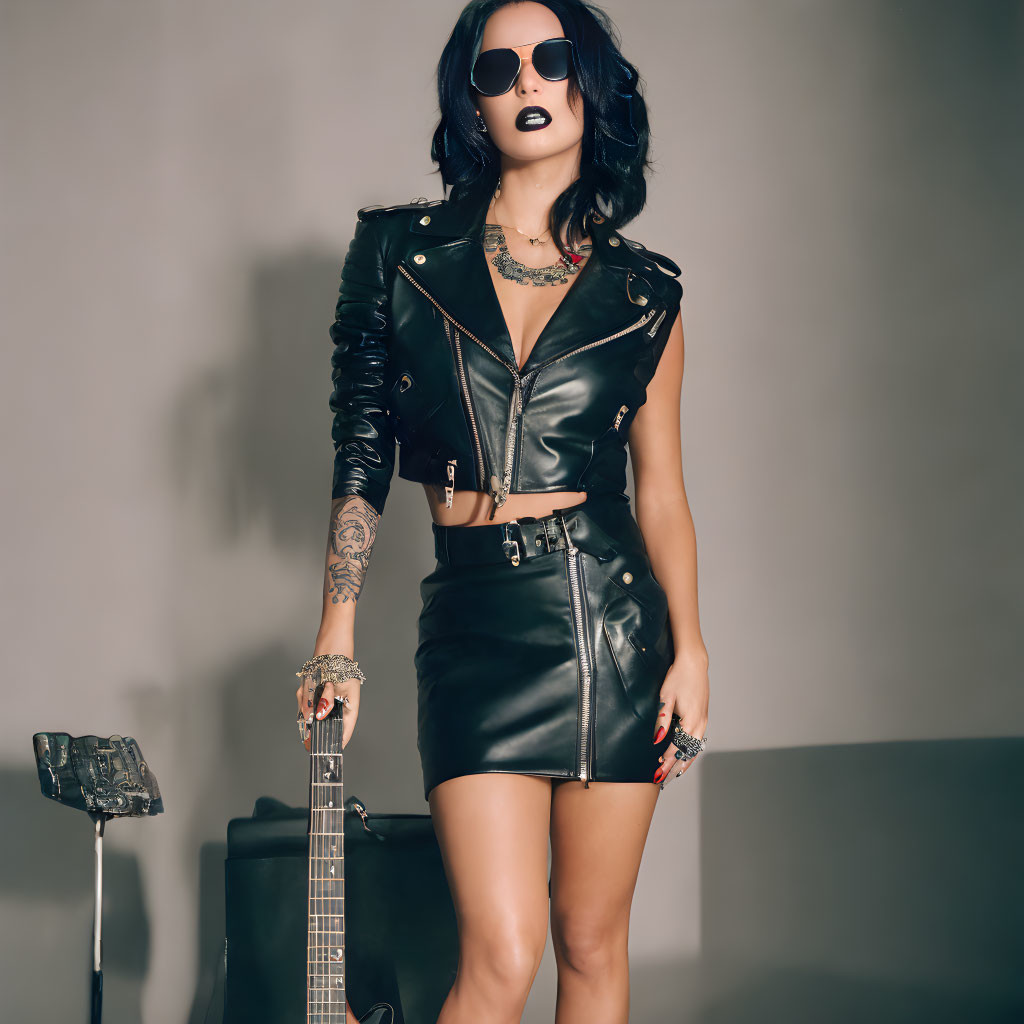 Stylish woman in black leather jacket and skirt with tattoos, sunglasses, chunky jewelry, standing