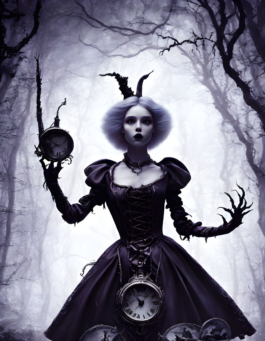Gothic woman with antler headpiece among twisted trees holding pocket watches