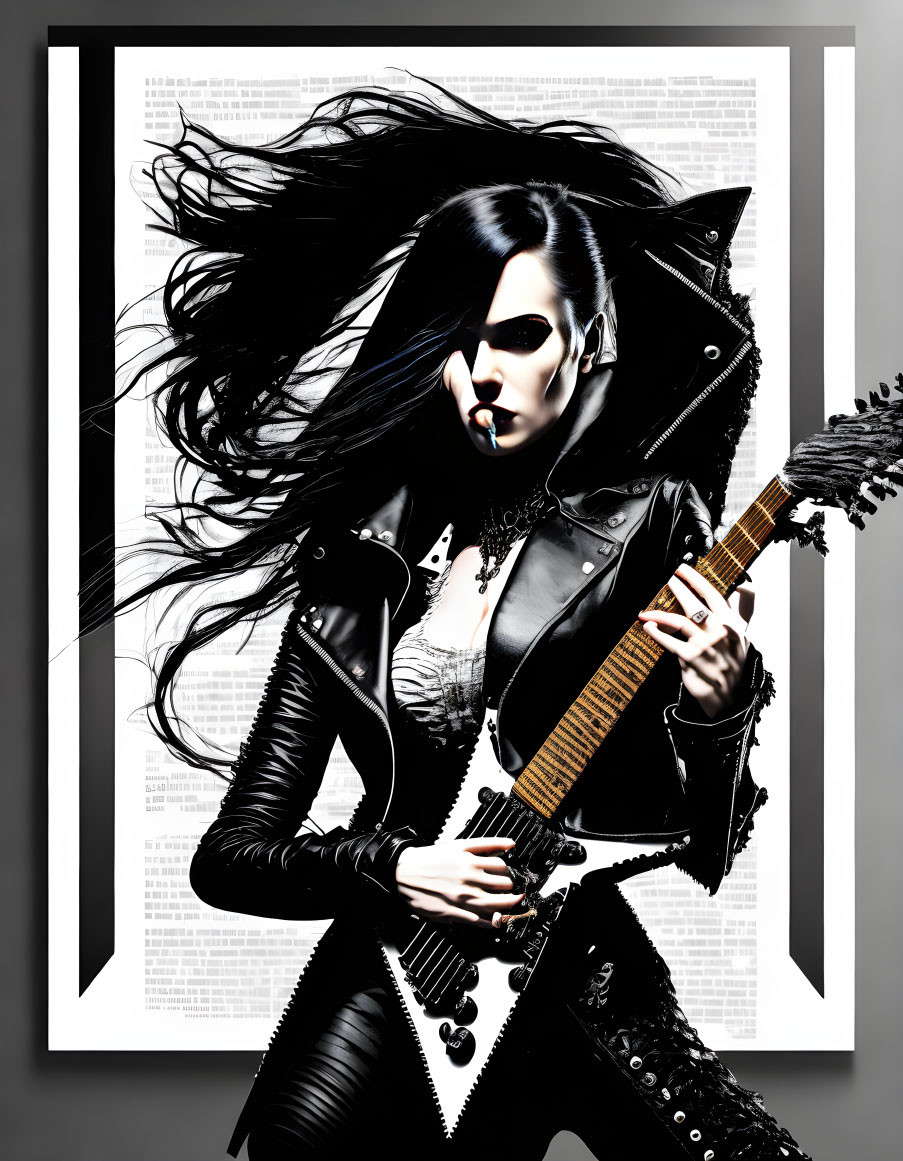 Monochromatic illustration of female rock musician with long hair, guitar, leather outfit, silver accents,