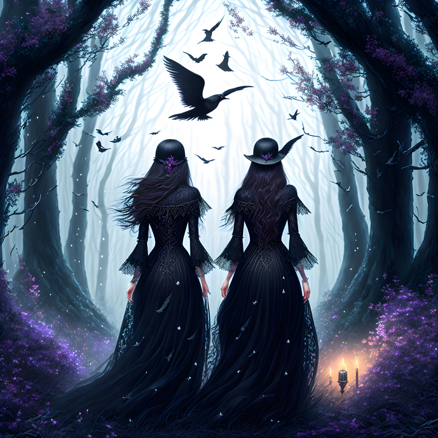 Two women in black gowns and hats in mystical forest with ravens and purple flowers.