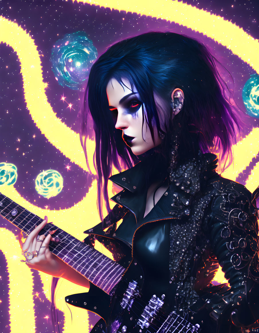 Gothic female character with black hair playing electric guitar in cosmic setting