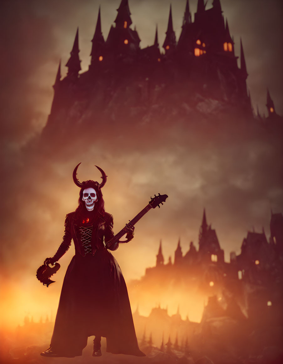 Gothic costume person with skull mask and guitar in front of fiery backdrop