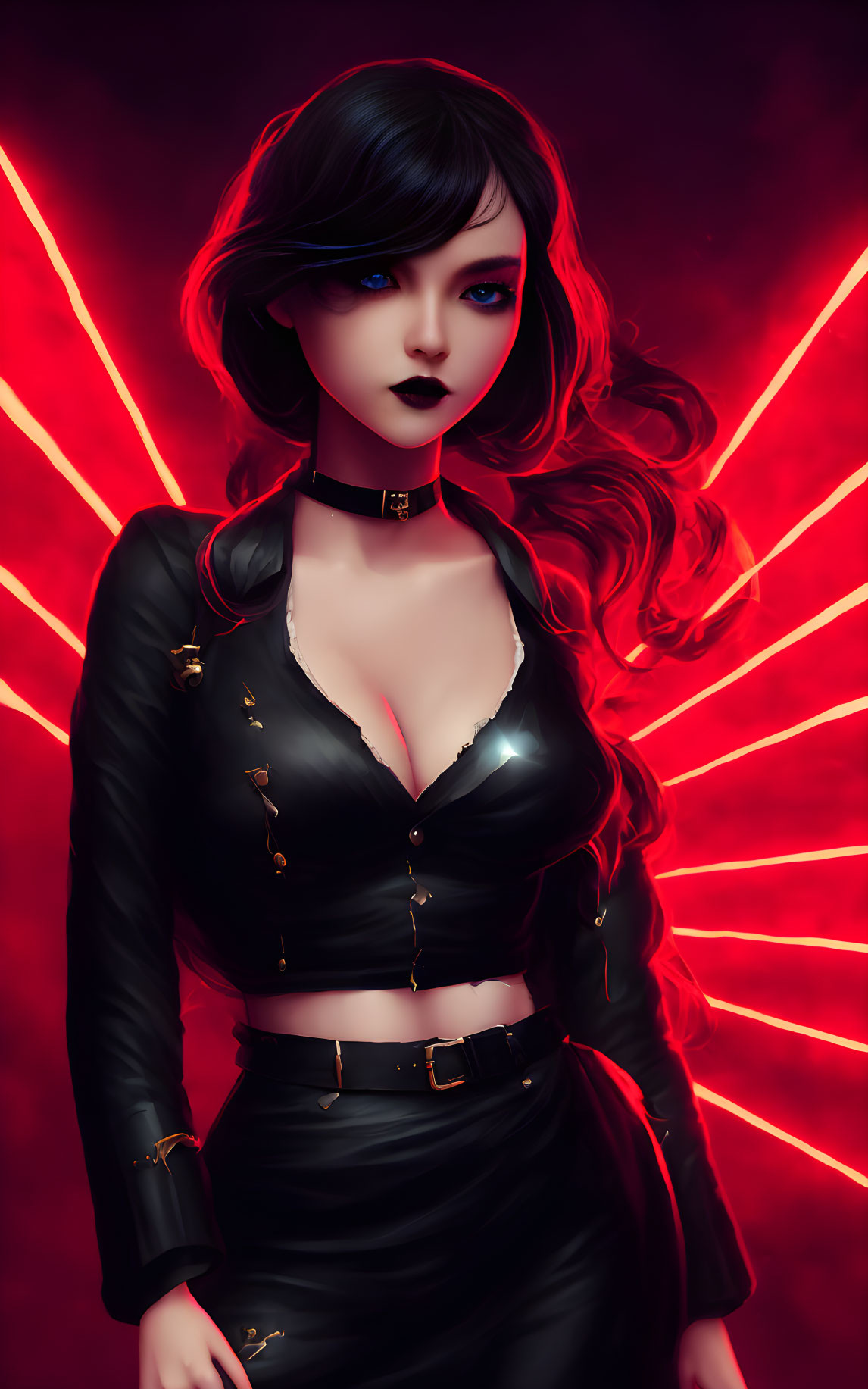 Digital illustration: Woman with red hair, pale skin, dark lips in black outfit on neon background