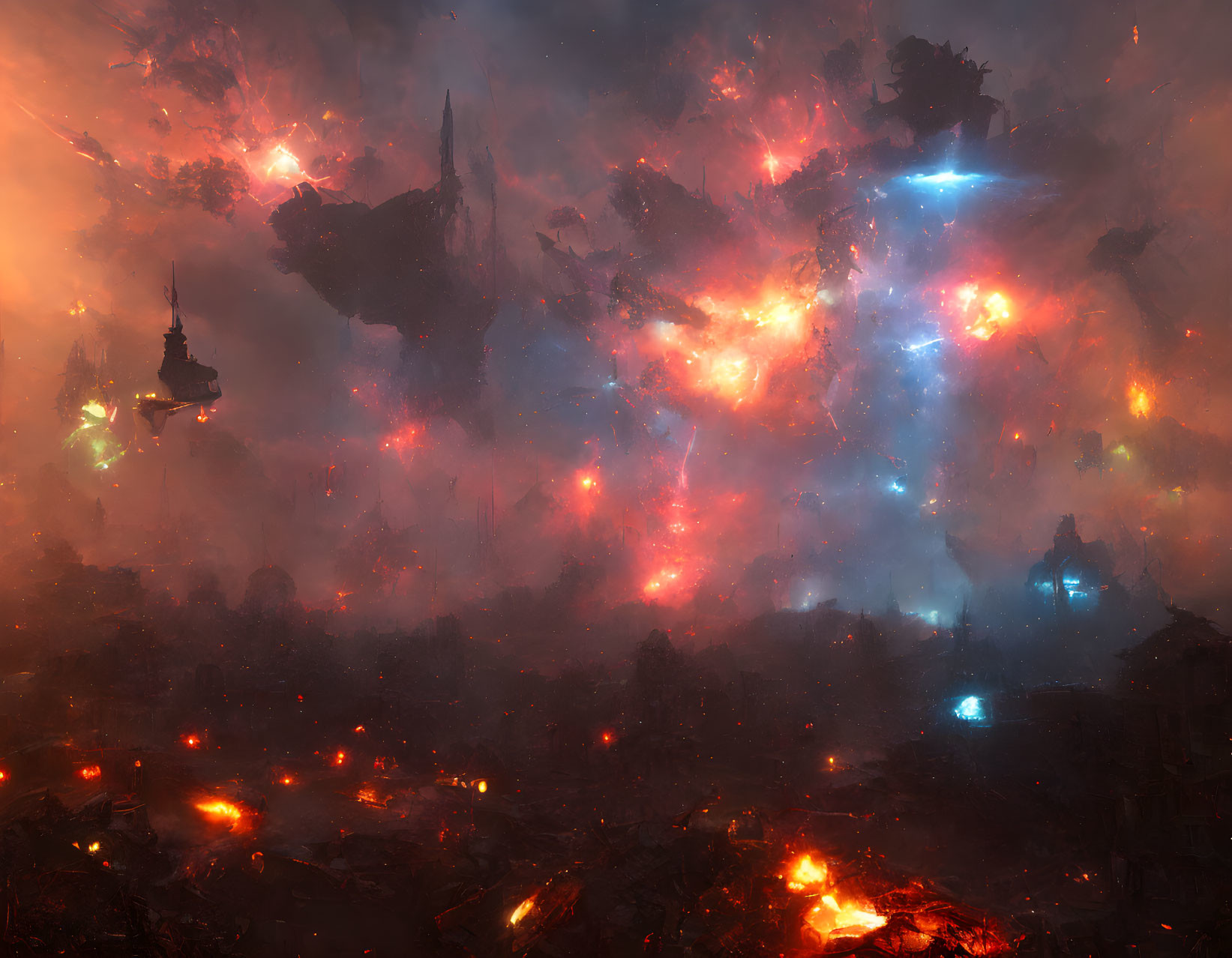 Vivid otherworldly illustration of chaotic fiery landscape