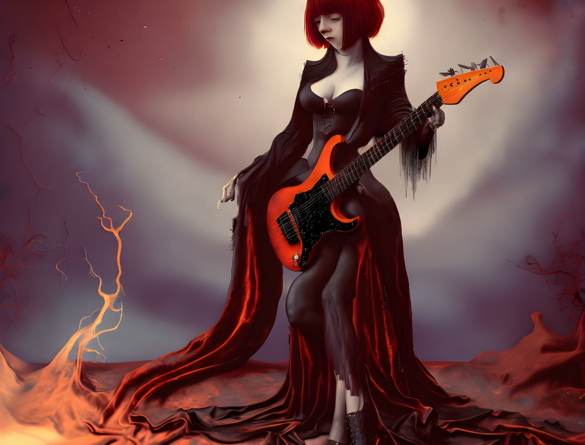 Stylized illustration of woman with dark hair and orange guitar in dramatic red and grey backdrop