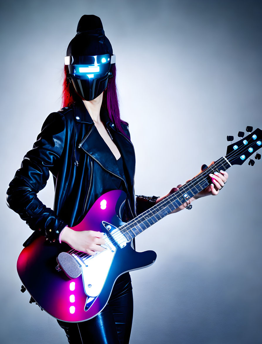 Person in Black Leather Outfit Plays Electric Guitar with LED Helmet