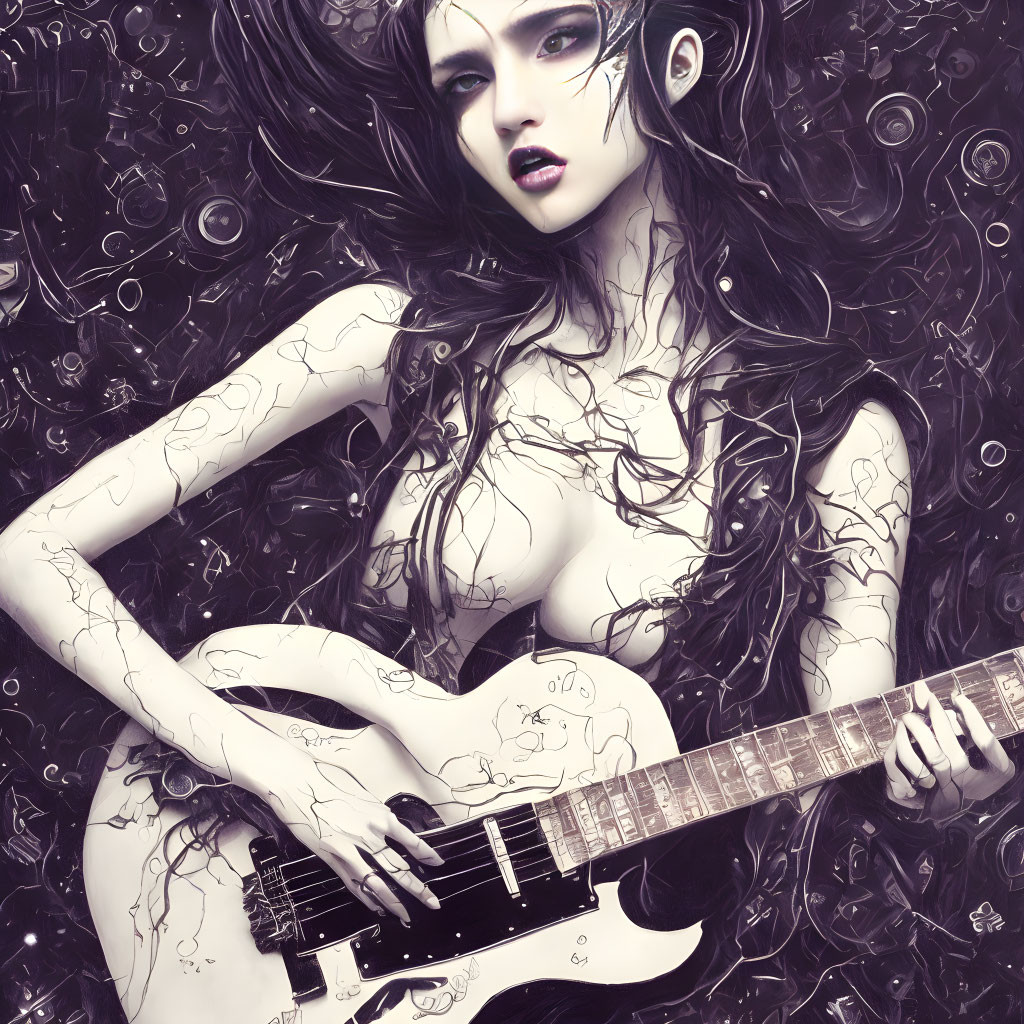 Monochromatic illustration of woman with flowing hair, tattoos, and electric guitar among abstract patterns