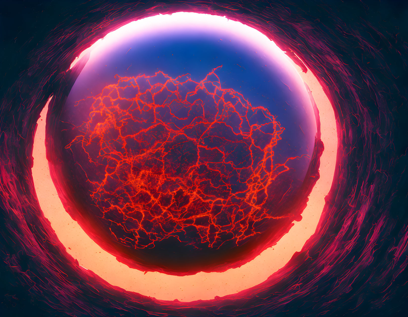 Colorful digital artwork: Glowing sphere with red and orange lightning patterns
