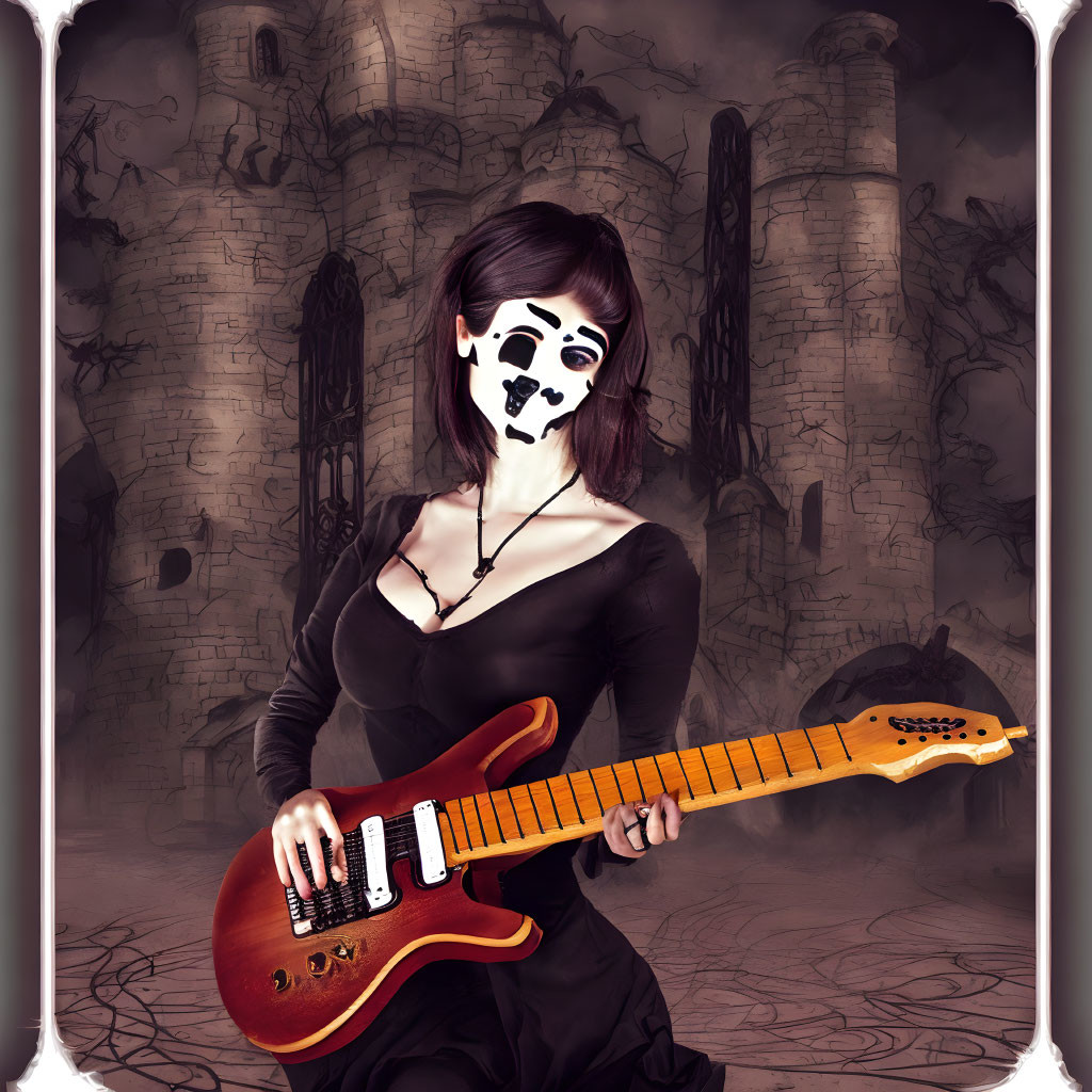 Skull-faced person with electric guitar in front of misty castle ruins