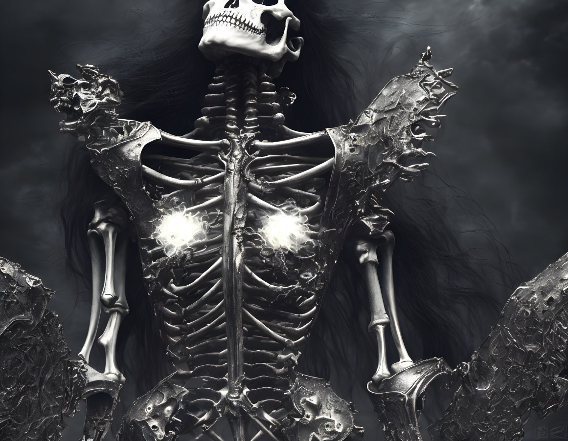 Sinister skeletal figure with glowing orbs in chest surrounded by dark mist