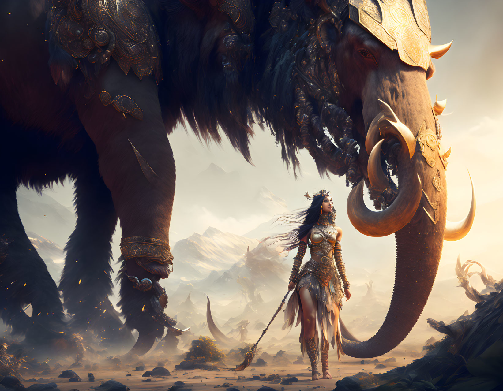 Warrior woman and ornate elephant in misty mountain landscape