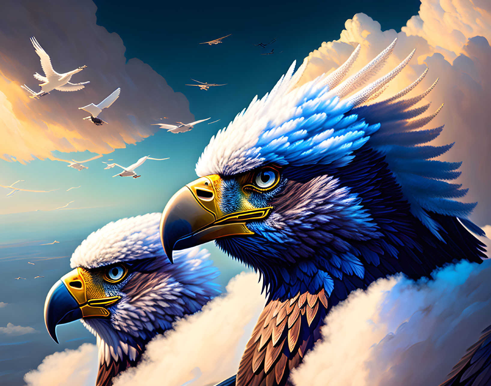 Stylized eagles with vibrant blue feathers soaring in sunset sky
