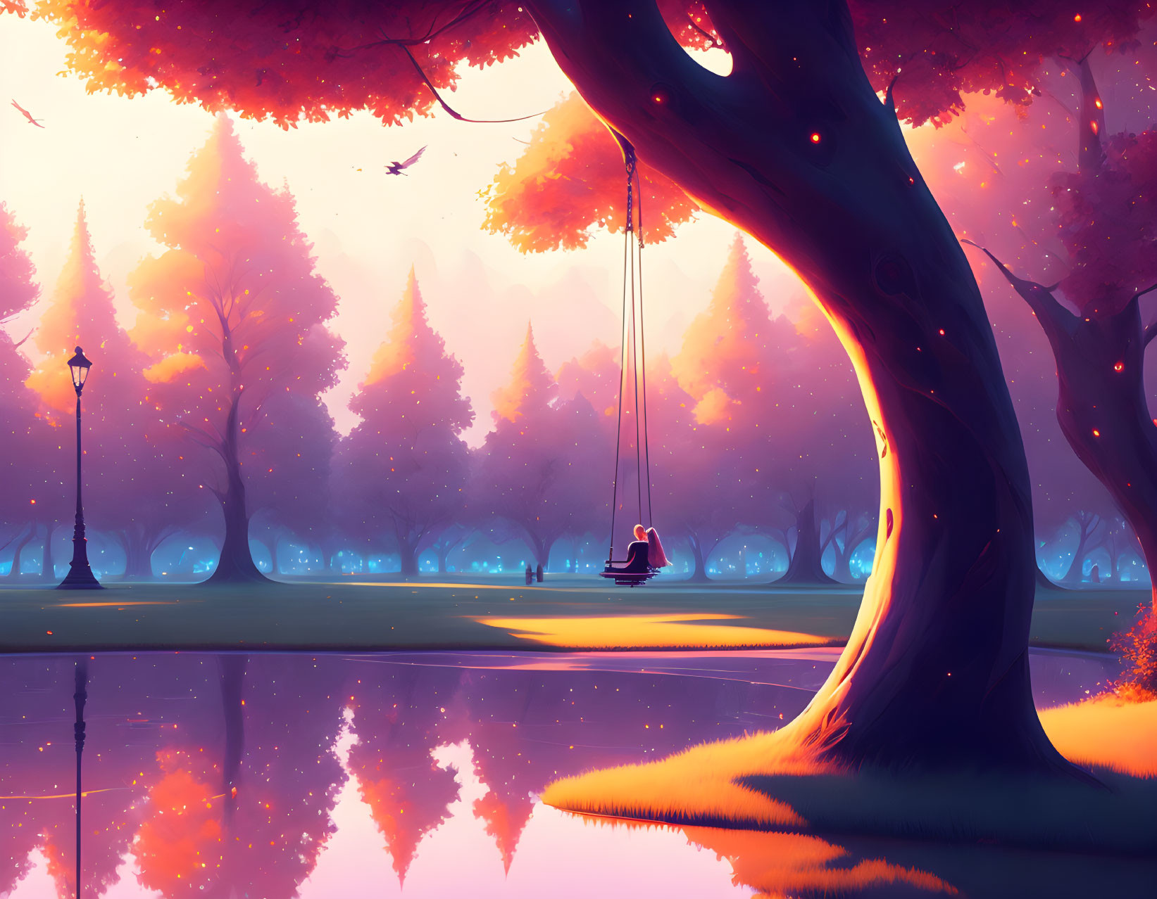 Person on swing in purple forest landscape with water reflections
