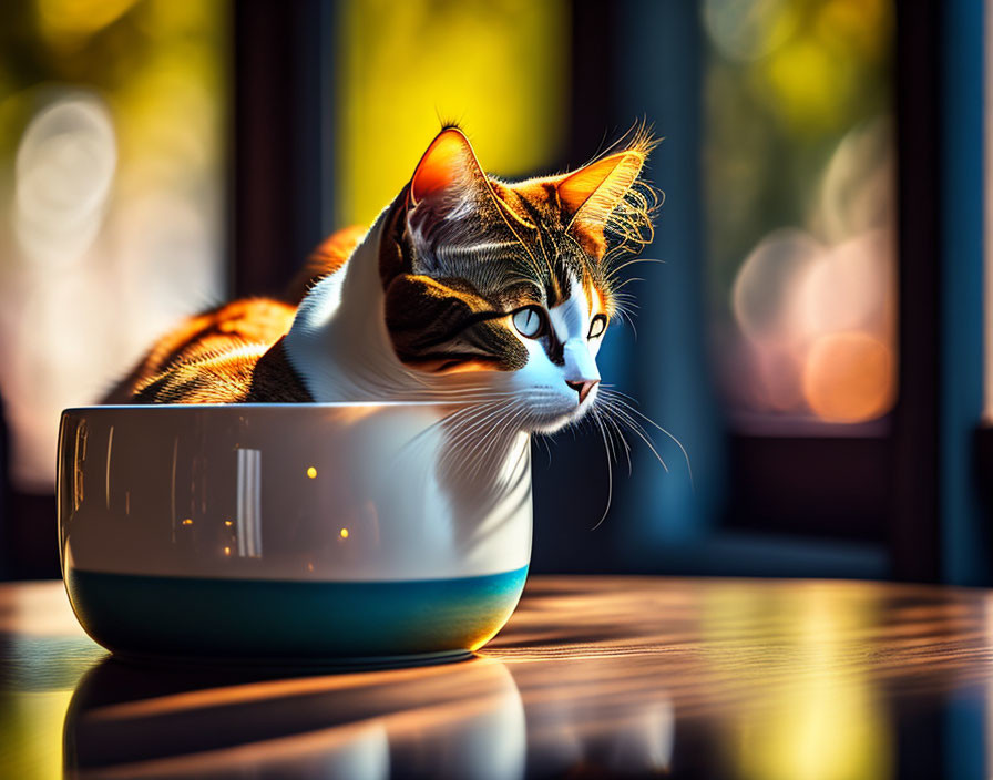 Calico Cat in Ceramic Bowl on Wood Surface with Sunlight and Bokeh