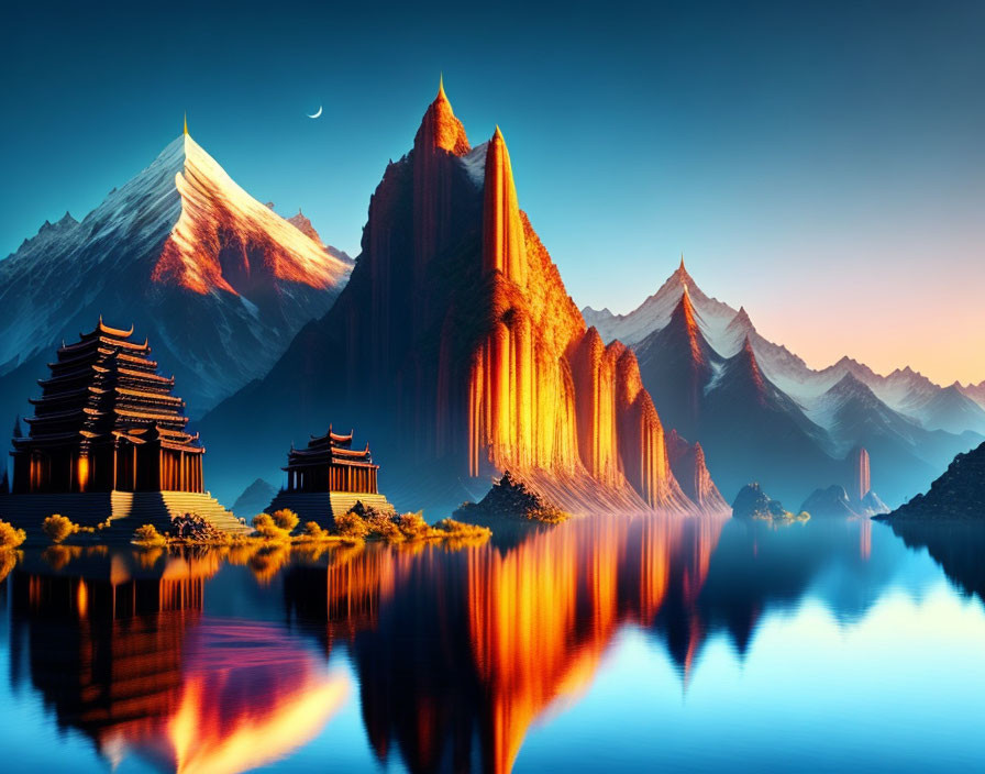 Tranquil lake with pagodas, vivid mountains, sunset, crescent moon