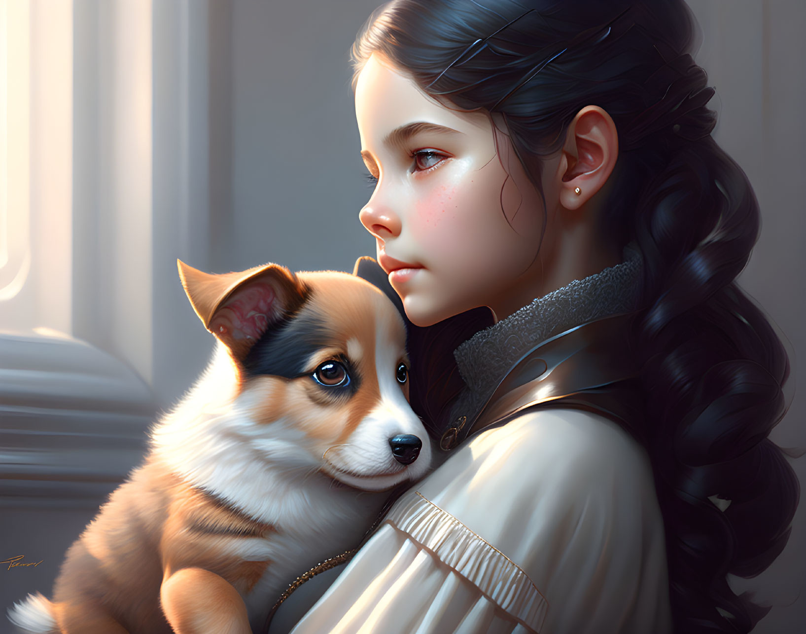 Young girl with braided hair holding small brown and white puppy in thoughtful gaze