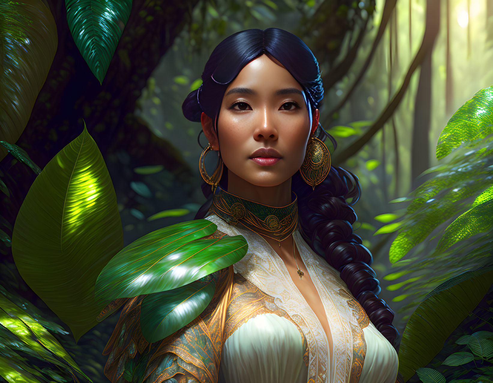 Digital portrait of woman with braided hair in ornate clothing amidst lush greenery