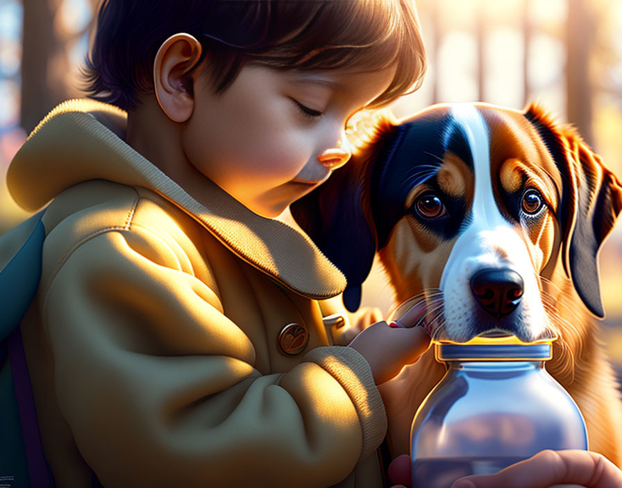 Child in hoodie showing glowing jar to attentive dog in warm setting