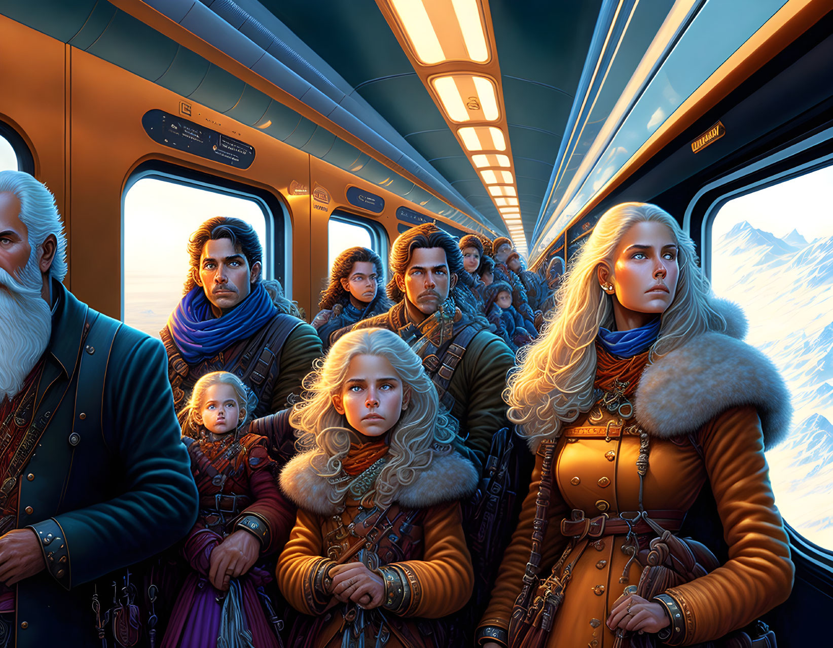 Animated Characters in Medieval Winter Outfits on Train in Snowy Landscape