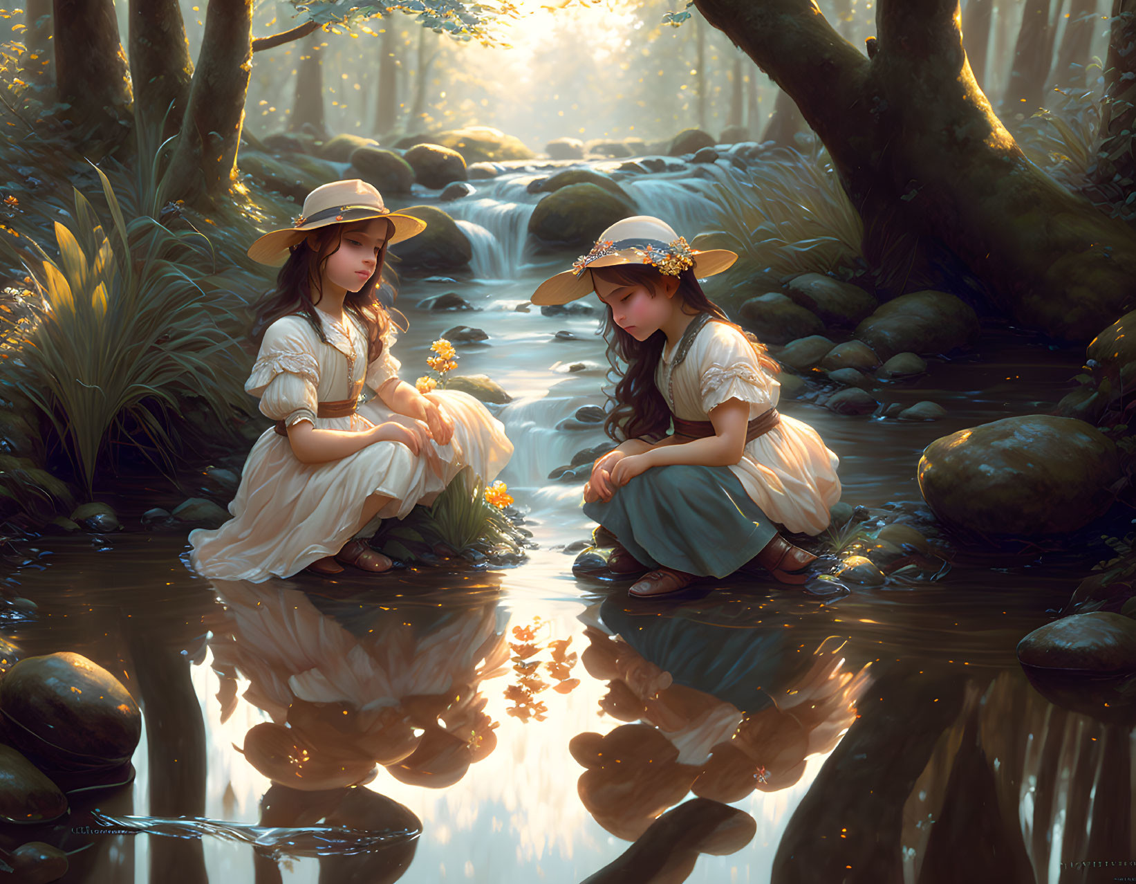 Two girls in vintage dresses and hats by a woodland stream in soft sunlight.