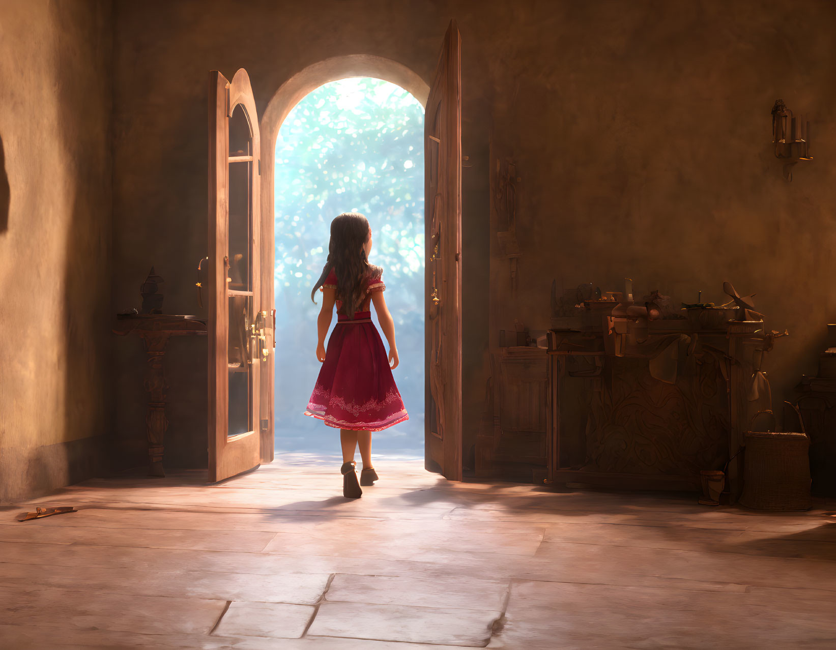 Young girl in red dress gazes out from warmly lit room.