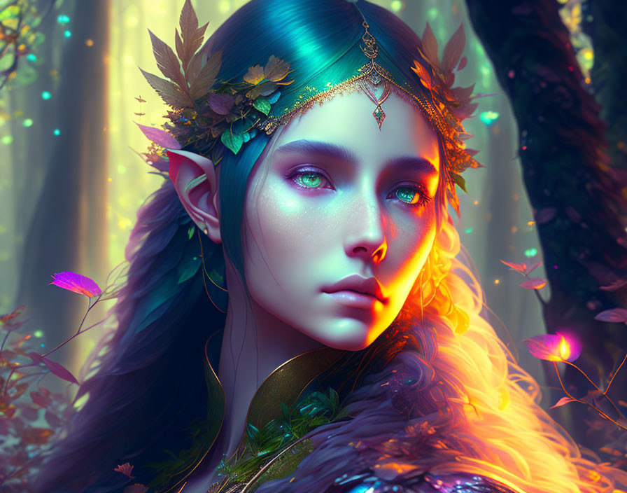 Ethereal elf with blue eyes and leafy crown in mystical forest