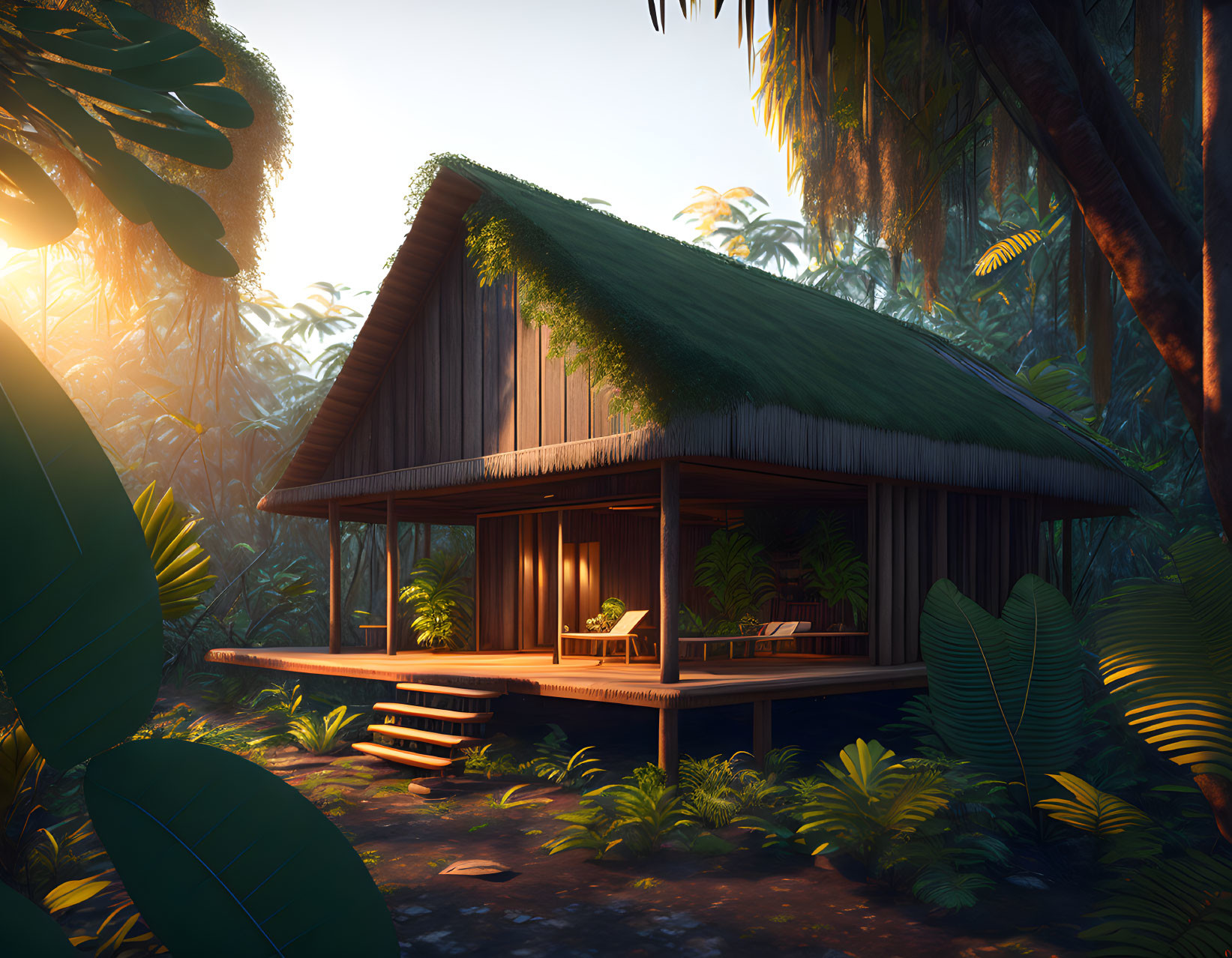 Wooden cabin with thatched roof in lush tropical forest under warm sunlight.