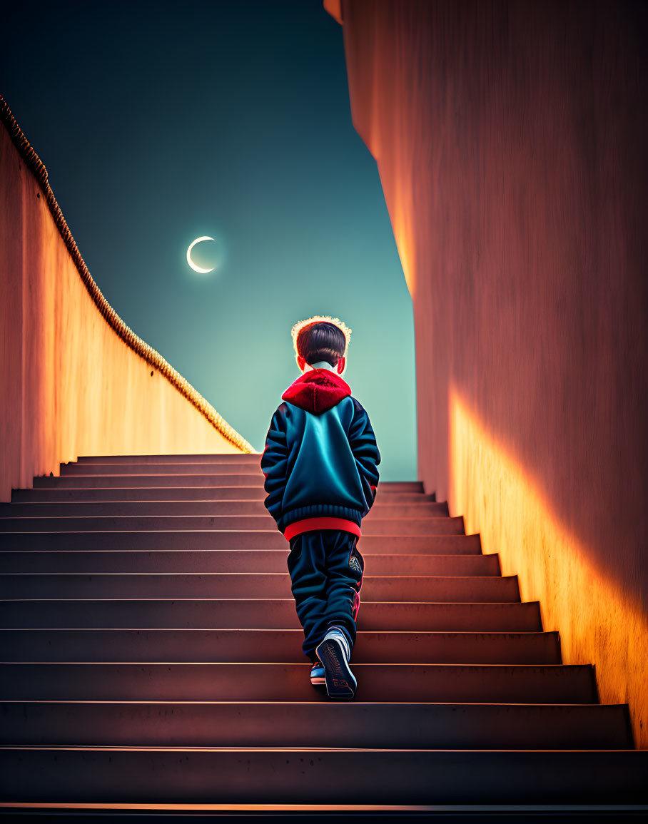 Young boy climbing staircase towards crescent moon in twilight sky.