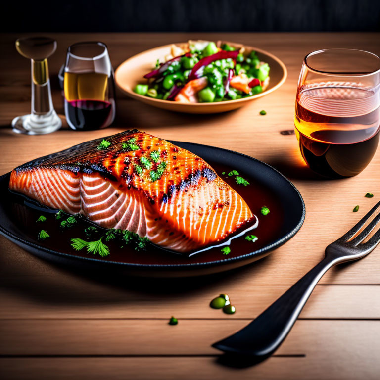 Grilled Salmon Fillet with Salad and Rosé Wine on Black Plate