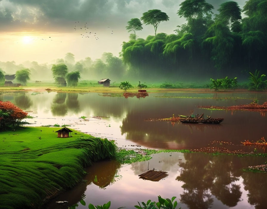 Tranquil Sunrise Landscape with River, Greenery, Boats, Hut, and Birds