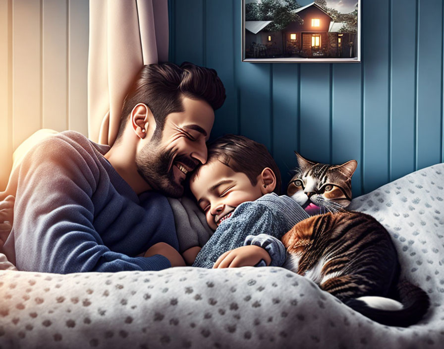 Man and child cuddling on bed with cats, cozy house in background