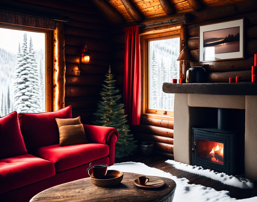 Rustic cabin interior with red sofa, fireplace, Christmas tree, and snowy view